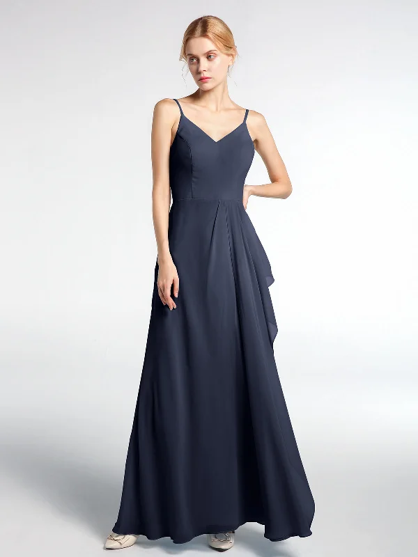 V-neck Chiffon Simple Maxi Dress with Spaghetti Straps-Dark Navy Trendy Floral Print Maxi Dress