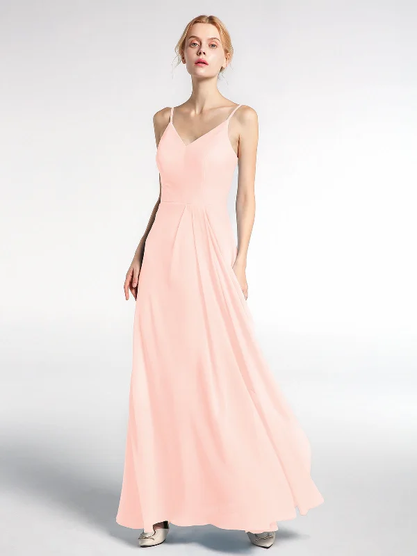 V-neck Chiffon Simple Maxi Dress with Spaghetti Straps-Pearl Pink Elegant Maxi Dress with Pockets