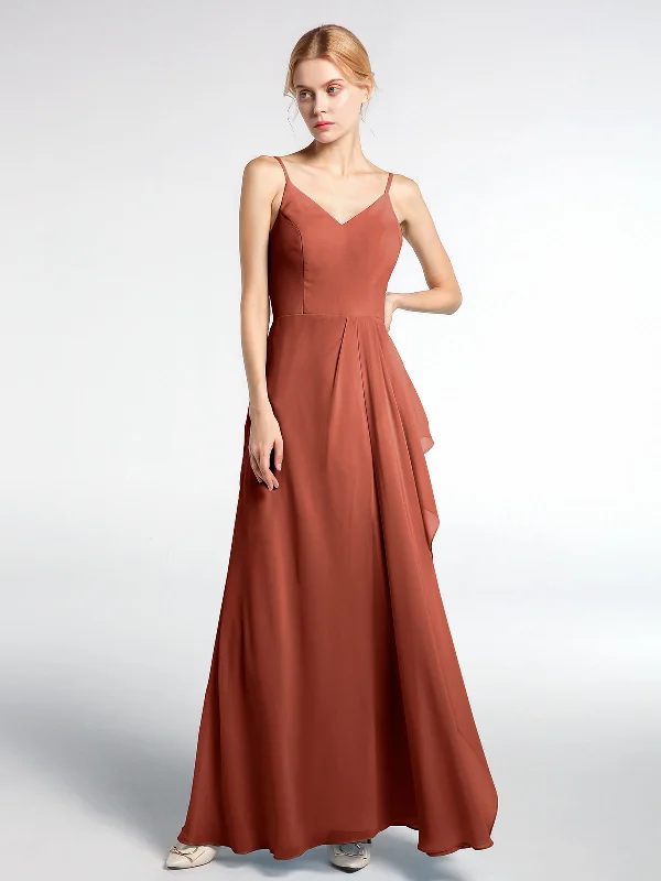 V-neck Chiffon Simple Maxi Dress with Spaghetti Straps-Rust Comfortable T-Shirt Maxi Dress