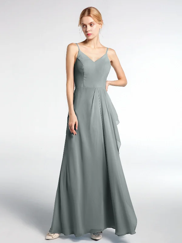 V-neck Chiffon Simple Maxi Dress with Spaghetti Straps-Steel Grey Trendy Short Sleeve Maxi Dress