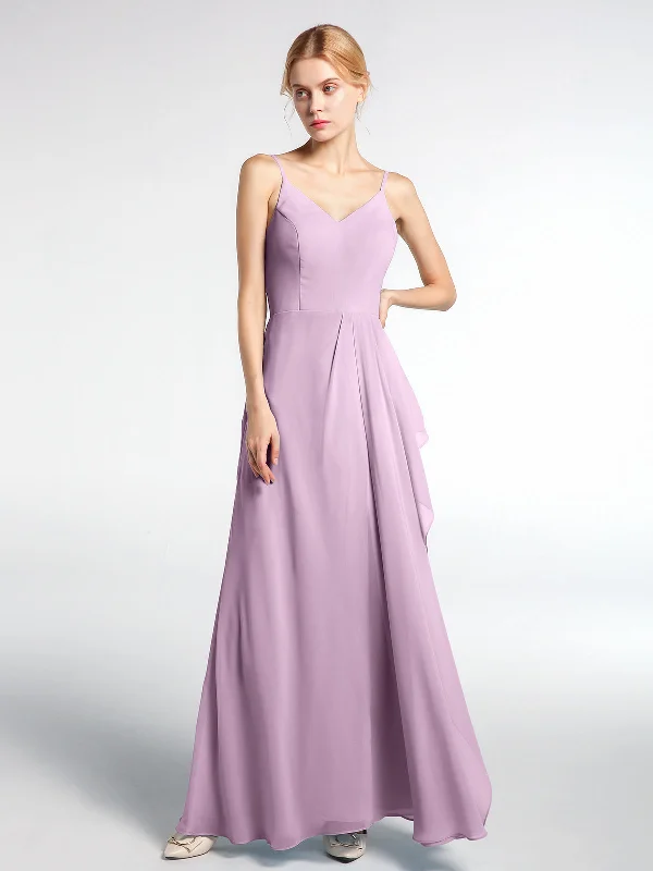 V-neck Chiffon Simple Maxi Dress with Spaghetti Straps-Wisteria Elegant Floral Maxi Dress