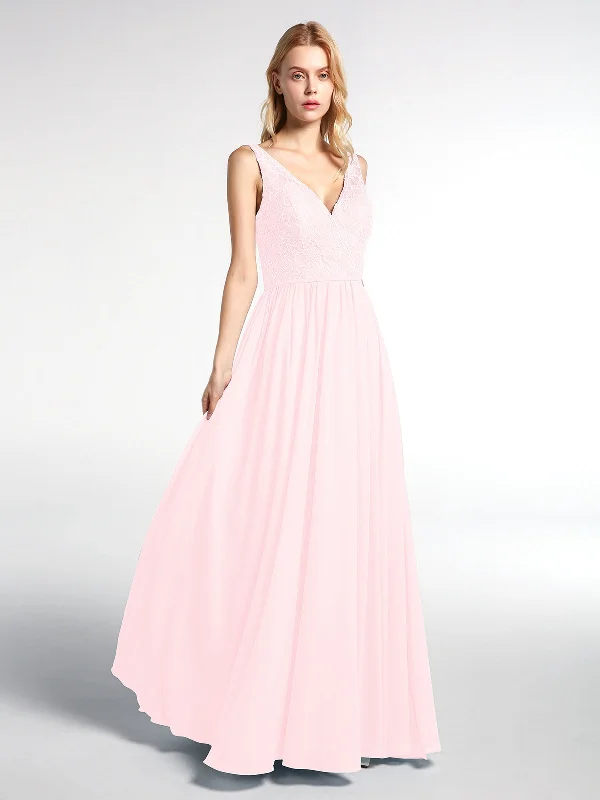 V-neck Lace Top Chiffon Skirt Maxi Dress-Blushing Pink Cozy Ruffle Sleeve Maxi Dress