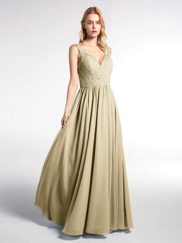 V-neck Lace Top Chiffon Skirt Maxi Dress-Champagne Stylish Empire Waist Maxi Dress