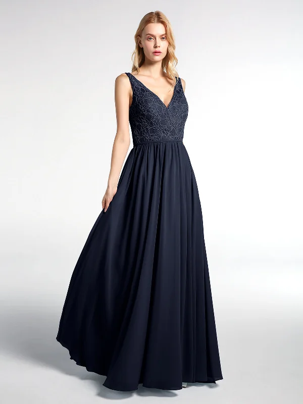 V-neck Lace Top Chiffon Skirt Maxi Dress-Dark Navy Trendy Floral Print Maxi Dress