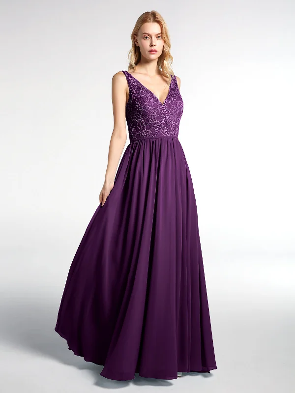 V-neck Lace Top Chiffon Skirt Maxi Dress-Grape Trendy A-Line Maxi Dress