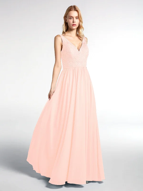 V-neck Lace Top Chiffon Skirt Maxi Dress-Pearl Pink Cozy Ruffle Sleeve Maxi Dress