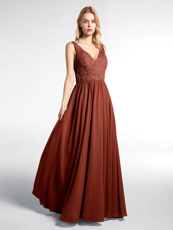 V-neck Lace Top Chiffon Skirt Maxi Dress-Rust Comfortable Casual Maxi Dress