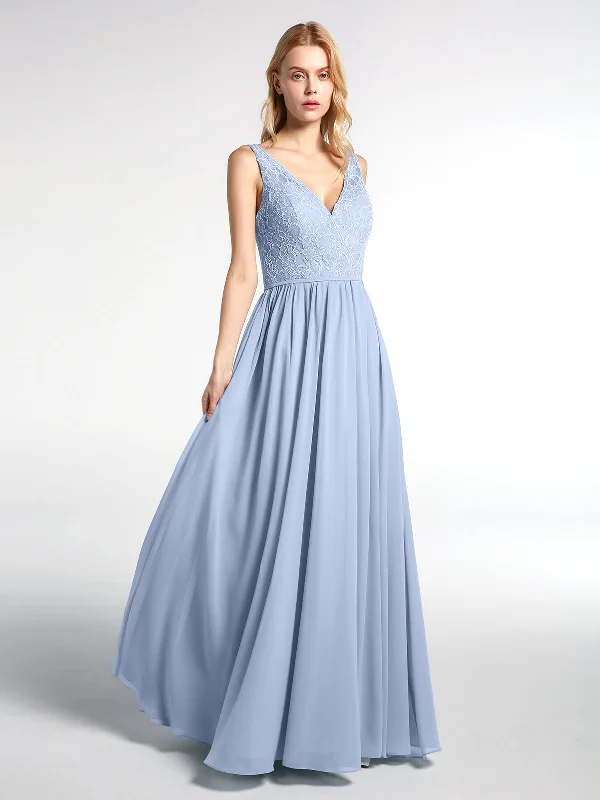 V-neck Lace Top Chiffon Skirt Maxi Dress-Sky Blue Fashionable Chiffon Maxi Dress