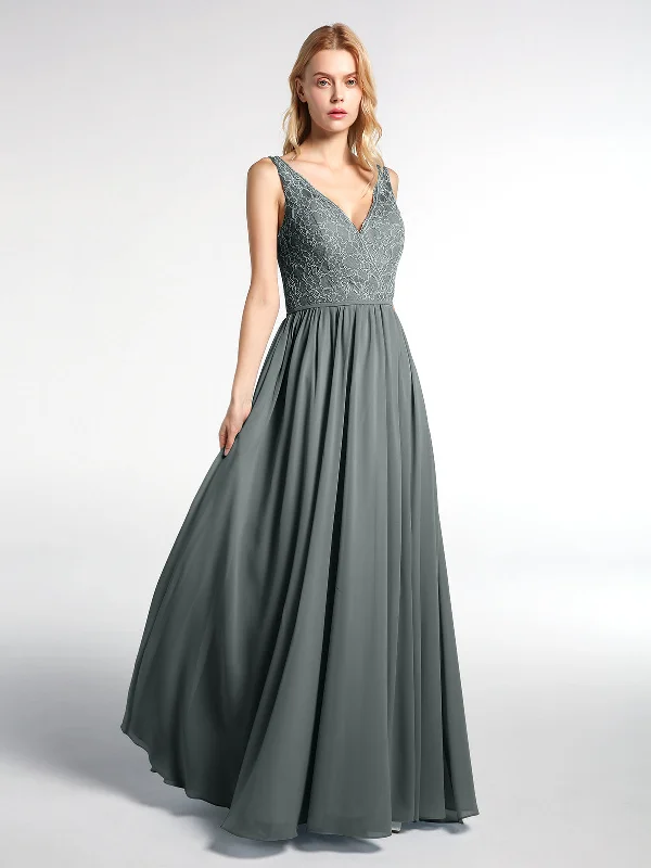 V-neck Lace Top Chiffon Skirt Maxi Dress-Steel Grey Cozy Spaghetti Strap Maxi Dress