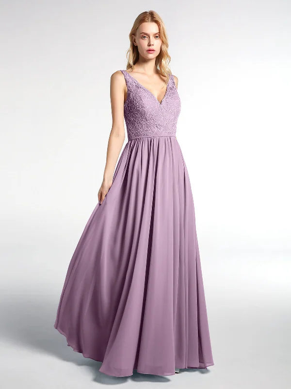 V-neck Lace Top Chiffon Skirt Maxi Dress-Wisteria Elegant Maxi Dress with Belt