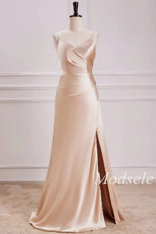 V-Neck Pleated Bodice Maxi Dress in Champagne Chic Summer Maxi Dress