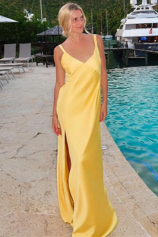 V-Neck Tie-Back Maxi Dress with Slit in Yellow Fashionable Layered Maxi Dress