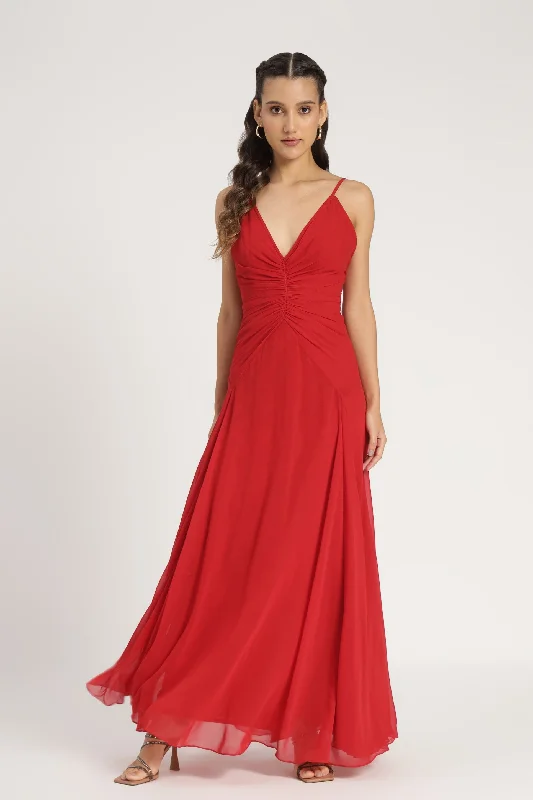 Whitley Maxi Dress in Red Fashionable Button-Down Maxi Dress