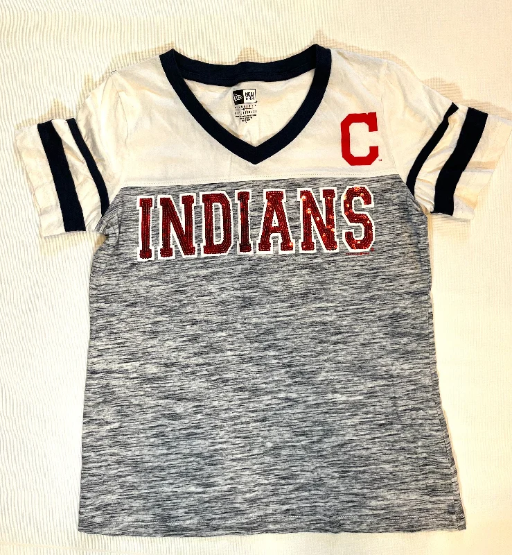 New Era Cleveland Indians MLB Women Short Sleeve Shirt w/Sequin size Small Plaid T-Shirt Polka Dot Checkered