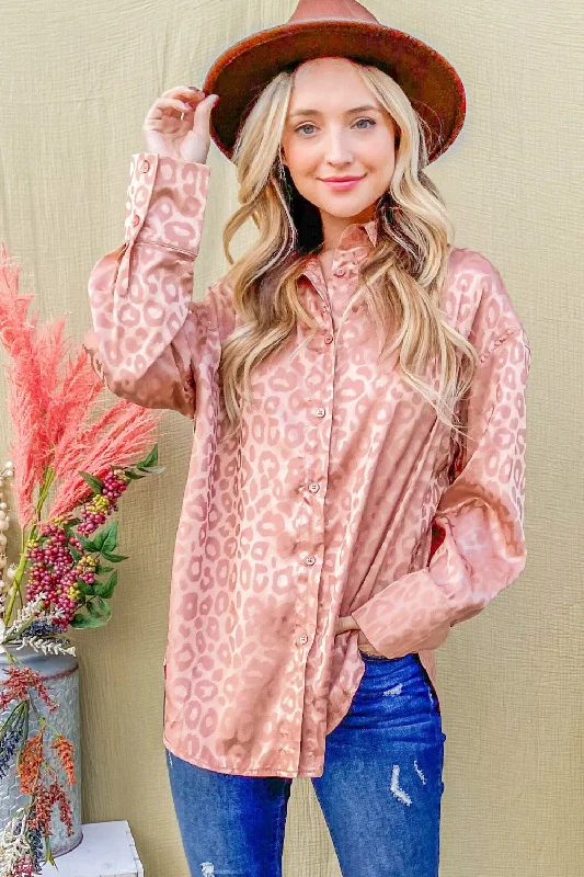 And The Why Satin Leopard Button Up Curved Hem Shirt Casual Formal Business