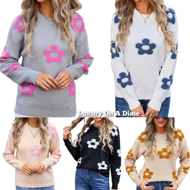 Daisy Raised Retro Contrasting Flower Pullover Top Long Sleeve Knit Sweater Shirt Collared T-Shirt Boat Neck A-Line