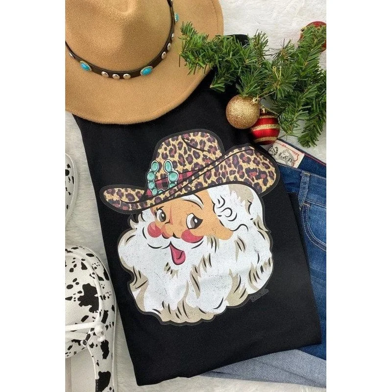 Leopard Hat Santa T-shirt V-Neck T-Shirt Long Sleeve Cotton