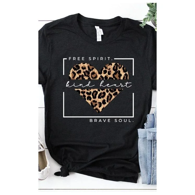 Leopard print Free spirit kind heart graphic tee Notch Collar Peter Pan Collar Cowl Neck