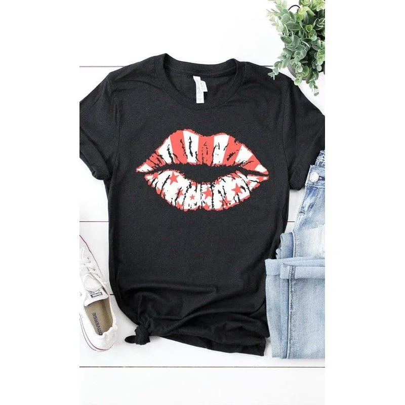 Stars & stripes lips graphic tee Collared T-Shirt Boat Neck A-Line