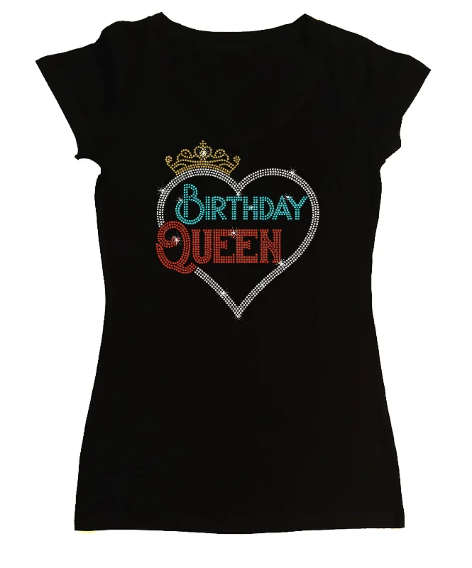 Women's Rhinestone Fitted Tight Snug Shirt Birthday Queen with Heart and Crown Birthday Bling Chenille Blend Fleece Blend Nylon Blend