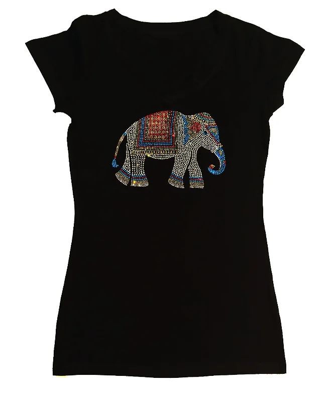 Women's Rhinestone Fitted Tight Snug Shirt Colorful Indian Elephant Graphic Embroidered Appliqued