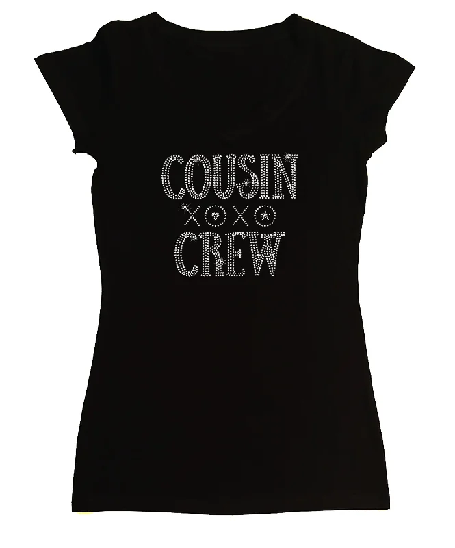 Women's Rhinestone Fitted Tight Snug Shirt Cousin Crew with XOXO - Hugs & Kisses Boxy Fit Fitted Loose