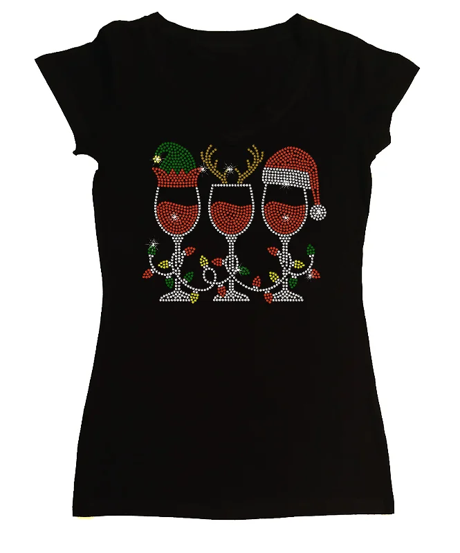 Women's Rhinestone Fitted Tight Snug Shirt Elf Reindeer Santa Hat Wine Cups - Wine Shirt, Christmas Shirt Elegant Classic Vintage