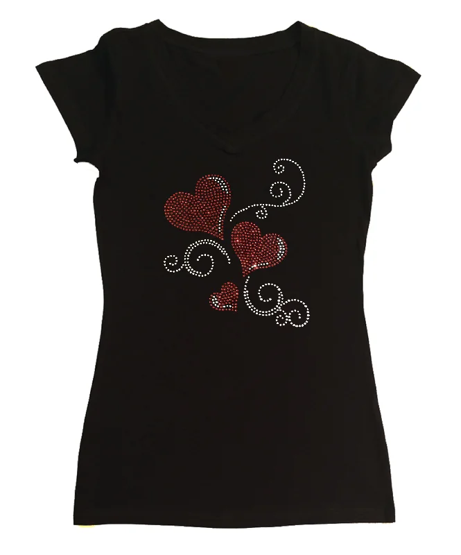 Womens T-shirt with 3 Red Hearts and Swirls in Rhinestones Cozy Warm Stylish