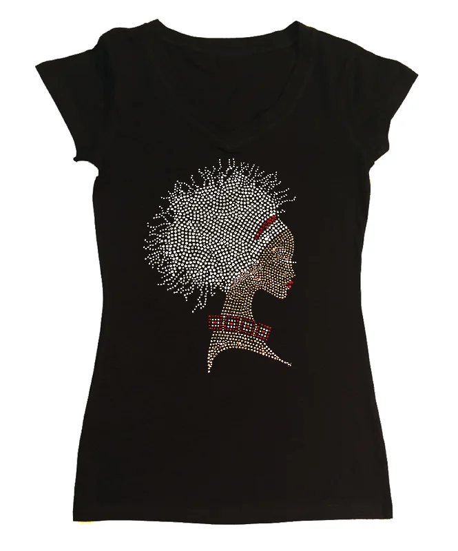 Womens T-shirt with Afro Dreds Locks Girl in Rhinestones Spandex Blend Rayon Blend Denim Blend