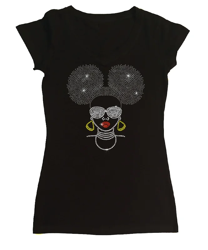 Womens T-shirt with Afro Puff Girl with Glasses in Rhinestones Welt Pockets Slit Pockets