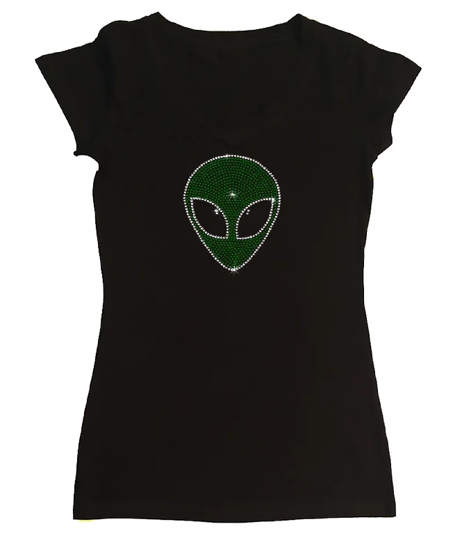 Womens T-shirt with Alien Face in Rhinestones Fashionable Trendy Casual