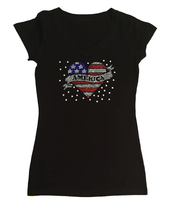 Womens T-shirt with America 4th of July Heart in Rhinestones Thin T-Shirt Open Front Quick Dry