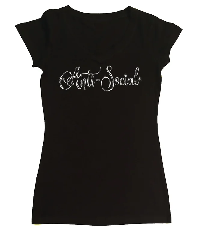 Womens T-shirt with Anti-Social in Rhinestones Collared T-Shirt Boat Neck A-Line