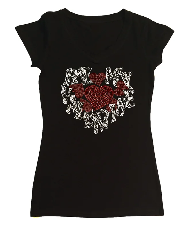 Womens T-shirt with Be My Valentine with Red Hearts in Rhinestones Collared T-Shirt Boat Neck A-Line