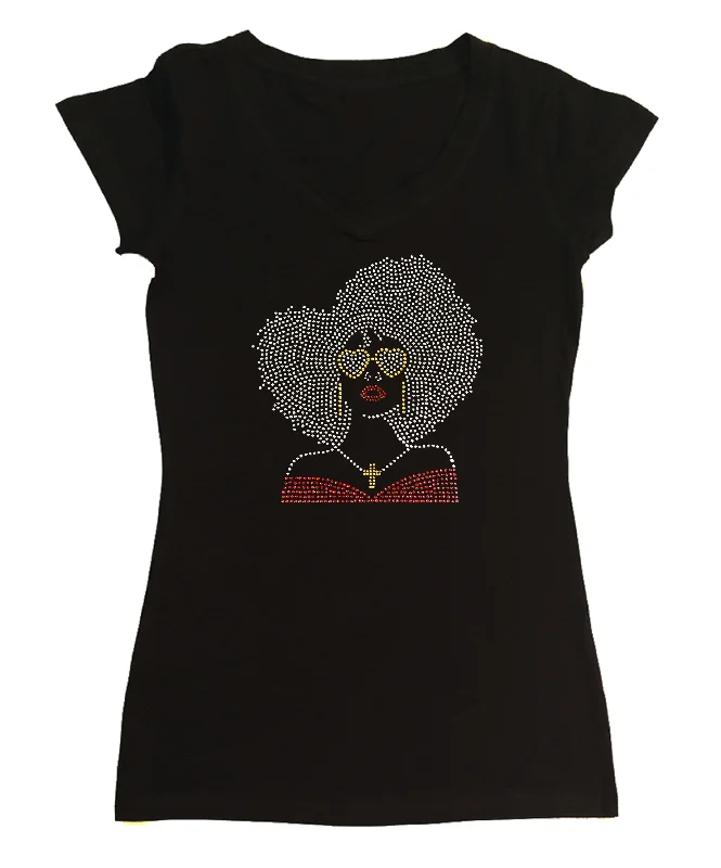 Womens T-shirt with Big Hair Girl with Glasses in Rhinestones Solid Print Embellished