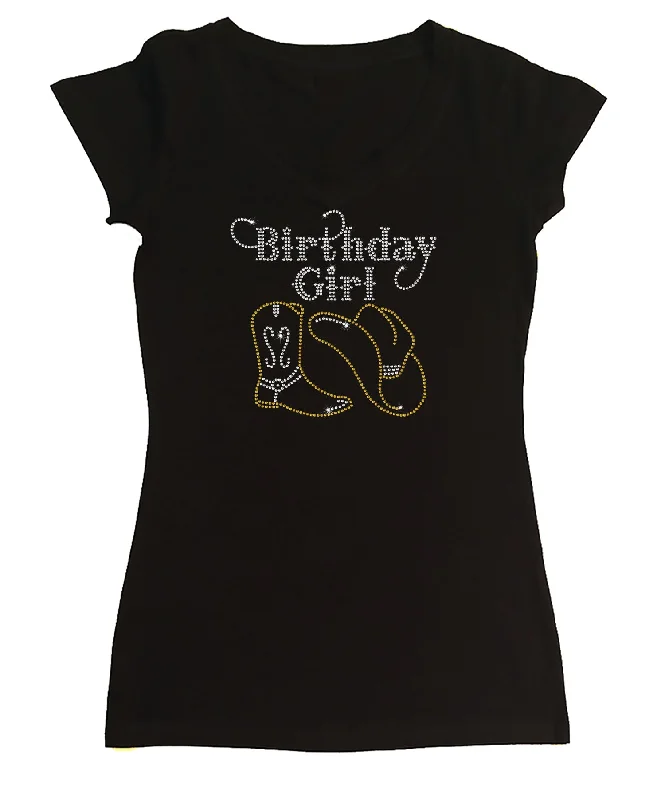 Womens T-shirt with Birthday Girl Western in Rhinestones Cashmere Blend Cotton Blend Poly Blend