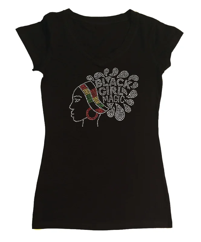 Womens T-shirt with Black Girl Magic in African Colors in Rhinestones Front Pockets Side Pockets Patch Pockets