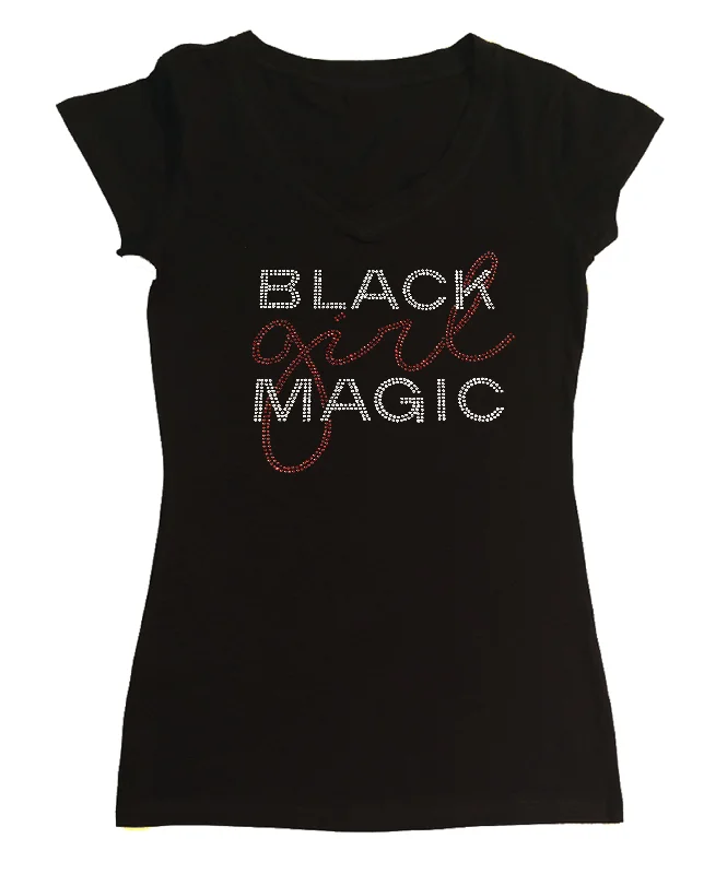 Womens T-shirt with Black Girl Magic in Rhinestones Cotton Fabric Linen Fabric Terry Fabric