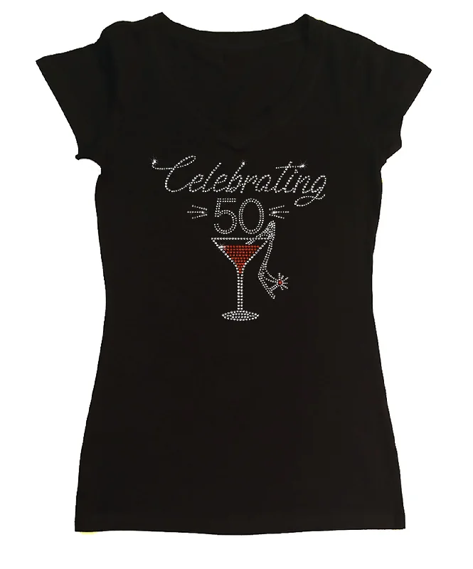 Womens T-shirt with Celebrating 50 with Martini and Slipper in Rhinestones Chenille Blend Fleece Blend Nylon Blend