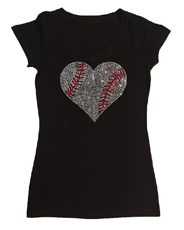 Womens T-shirt with Crystal Baseball Heart in Rhinestones Basic T-Shirt Crew Neck Short Sleeve