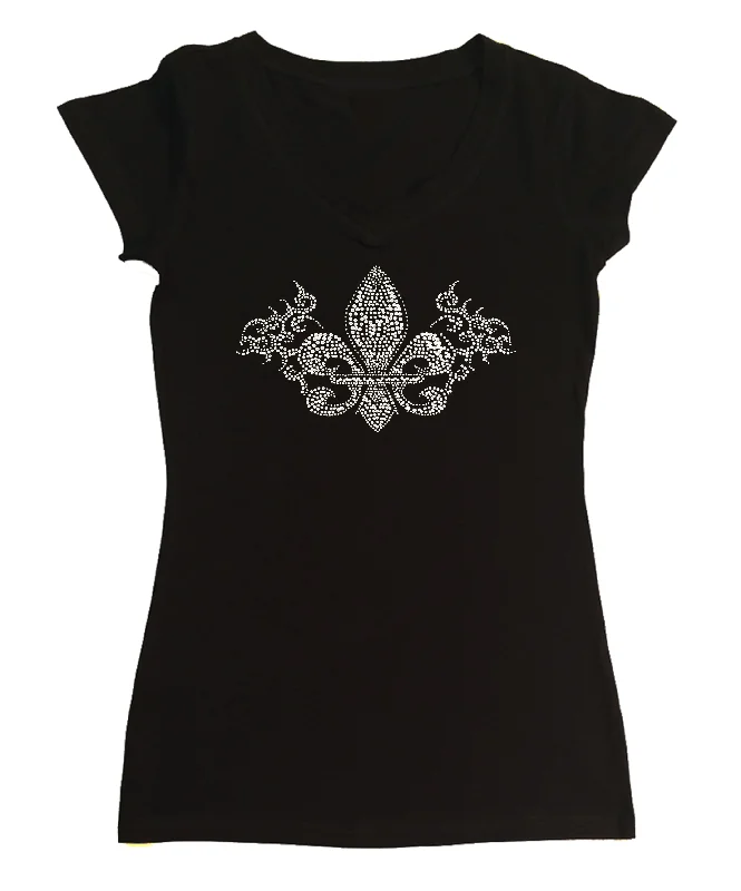 Womens T-shirt with Crystal Fluer de Lis in Rhinestones Graphic Embroidered Appliqued