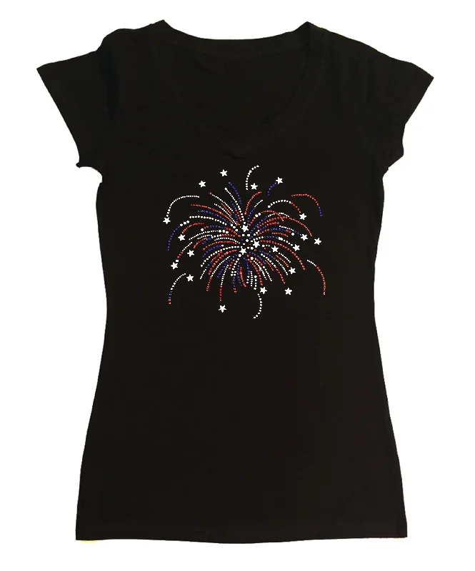 Womens T-shirt with Fireworks in Rhinestones Striped Floral Plaid