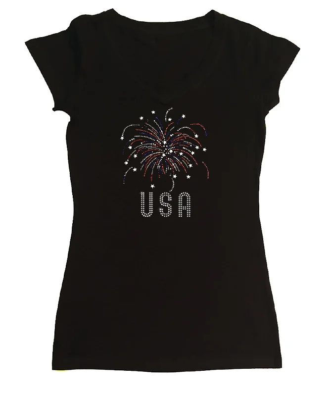 Womens T-shirt with Fireworks USA in Rhinestones Elegant Classic Vintage