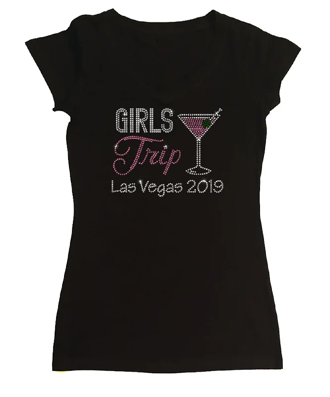 Womens T-shirt with Girls Trip Martini in Rhinestones Spandex Blend Rayon Blend Denim Blend