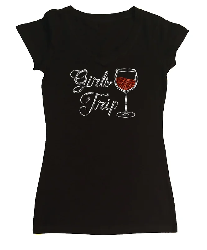 Womens T-shirt with Girls Trip Wine Glass in Rhinestones Denim Fabric Leather Fabric Suede Fabric