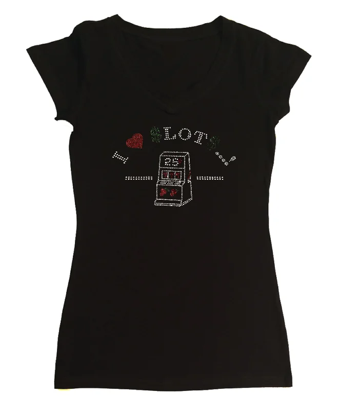 Womens T-shirt with I Love Slot Machines in Rhinestones Notch Collar Peter Pan Collar Cowl Neck