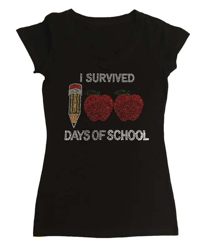 Womens T-shirt with I Survived 100 Days of School in Rhinestones Knit Fabric Woven Fabric Fleece Fabric