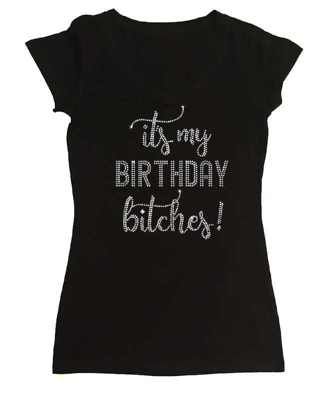 Womens T-shirt with It's MyBirthday Bithches in Rhinestones Mesh Blend Leather Blend Suede Blend