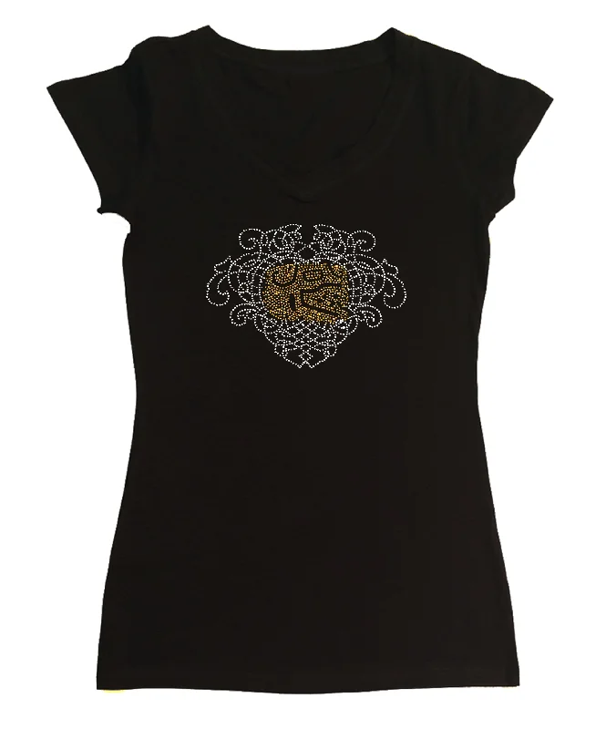 Womens T-shirt with Mayan Aztec Lion Head in Rhinestones Front Pockets Side Pockets Patch Pockets