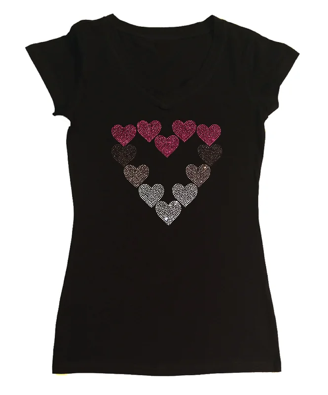 Womens T-shirt with Pink, Purple & Crystal Hearts in Rhinestones Rayon Velvet Corduroy